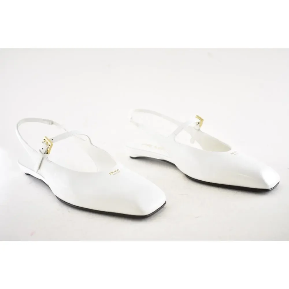 Prada White Leather Square Toe Mary Jane Slingback Ballerina Ballet Flat 37.5 - Picture 4 of 16